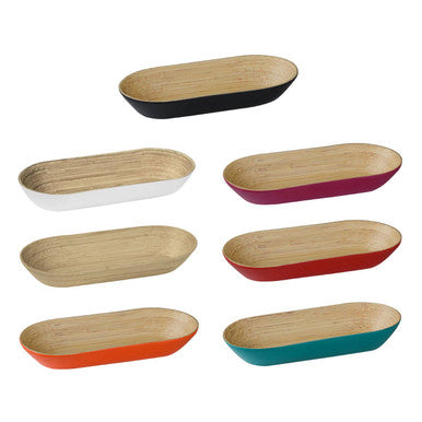 Set of seven vibrant spun bamboo oblong bowls with natural wood grain interiors including the kyoto raspberry bowl