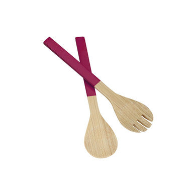 Pair of bamboo salad servers with magenta kyoto raspberry handles perfect for tossing fresh salads
