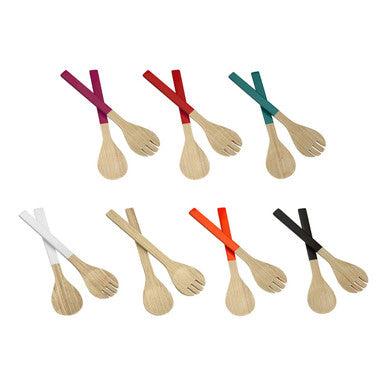 Set of colorful kyoto raspberry bamboo salad servers with vibrant purple red teal white orange and black handles