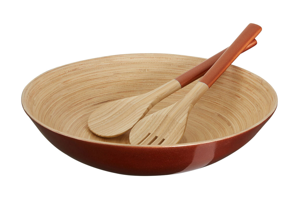 Bamboo salad bowl with copper toned handles and matching rose gold salad servers for elegant serving