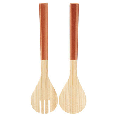 Pair of wooden rose gold salad servers with terracotta handles perfect for stylish gold salad serving