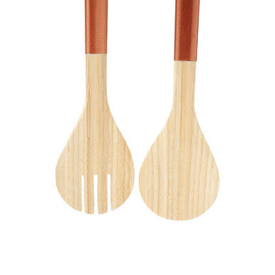 Set of two wooden salad servers with reddish brown rose gold handles for stylish gold salad serving