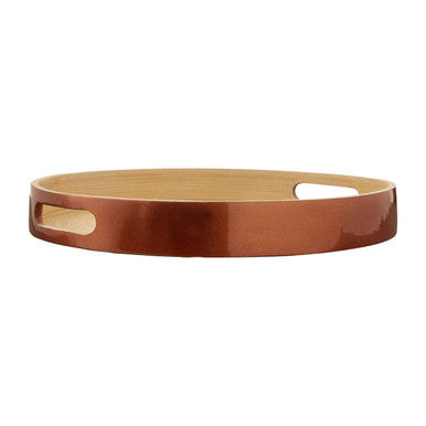 Kyoto small round rose gold serving tray copper finished wooden tray with two integrated handles perfect for rose gold serving