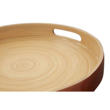 Light brown wooden serving tray with smooth circular surface and handles for rose gold serving and gold serving tray use
