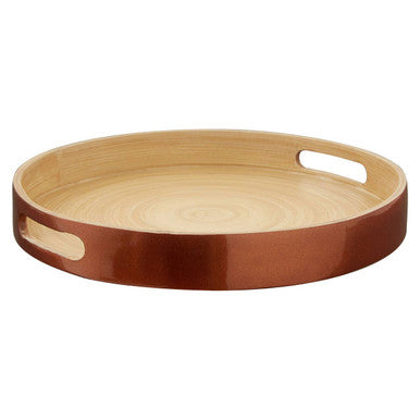 Round wooden tray with copper-colored rim and cutout handles perfect as a rose gold serving tray