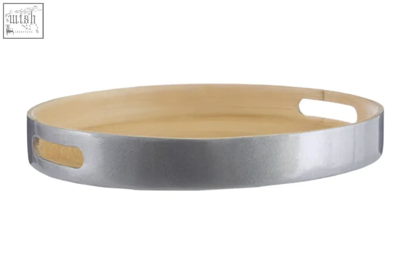 Silver finished small silver tray with natural wood interior and two side handles ideal for serving and decor