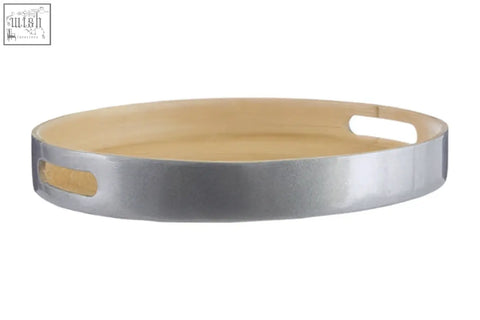Silver finished small silver tray with natural wood interior and two side handles ideal for serving and decor