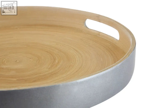 Round bamboo small silver tray with sleek metal rim and two side handles perfect for serving or display