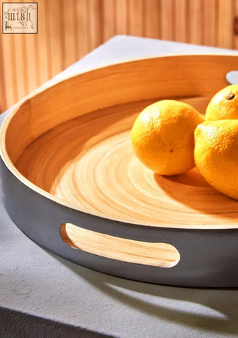 Kyoto small silver tray with side handles featuring a round wooden design with dark gray rim and oval cutout handles