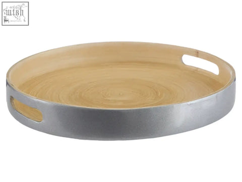 Round bamboo tray with sleek silver metal rim and side handles small silver tray for serving or decor