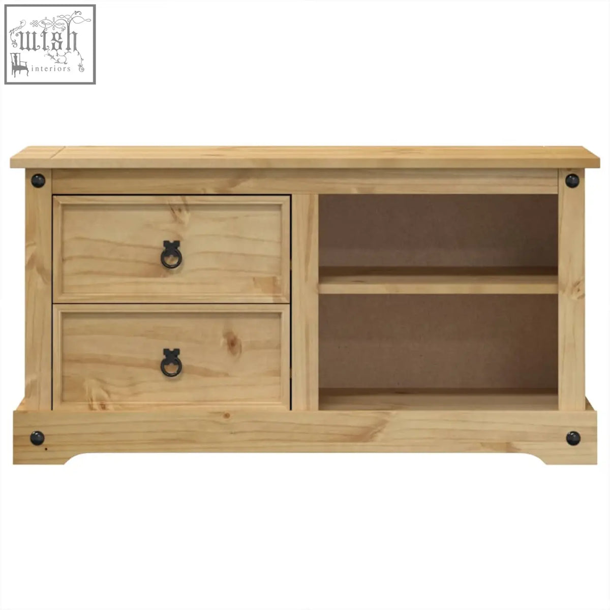 Light-colored kyven pinewood tv stand with two drawers black ring pulls and ample storage space in solid pine wood