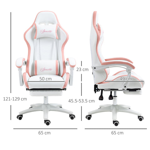 Vinsetto Computer Gaming Chair, PU Leather Desk Chair with Footrest, Swivel Task Chair with 135\'c2\'b0 Reclining Back and Lumbar Support, PC Chair for Adults, White and Pink
