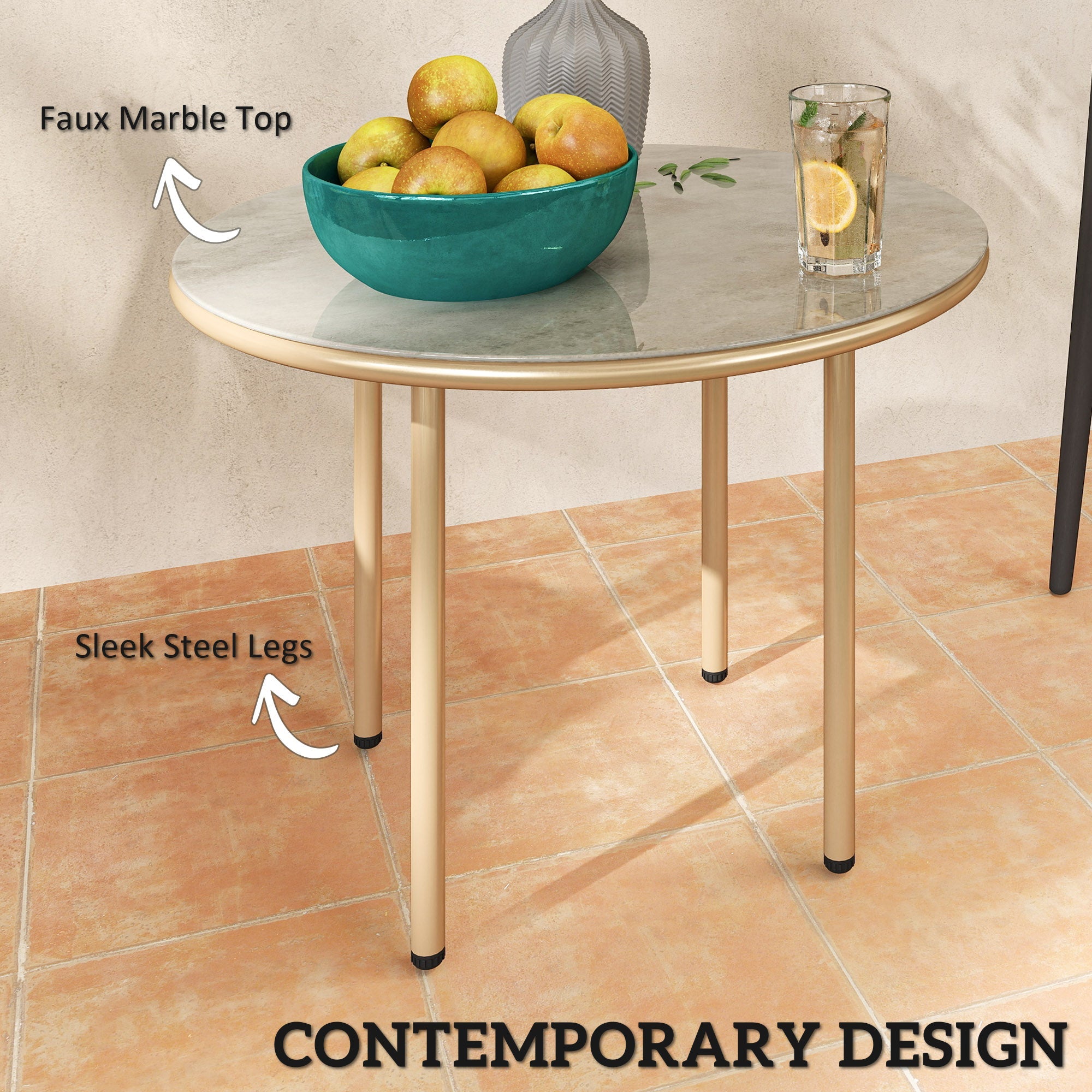 Outsunny Round Small Garden Table, 60cm Outdoor Side Table with Faux Marble Tempered Glass Top, Steel Frame for Garden Patio Balcony, Beige