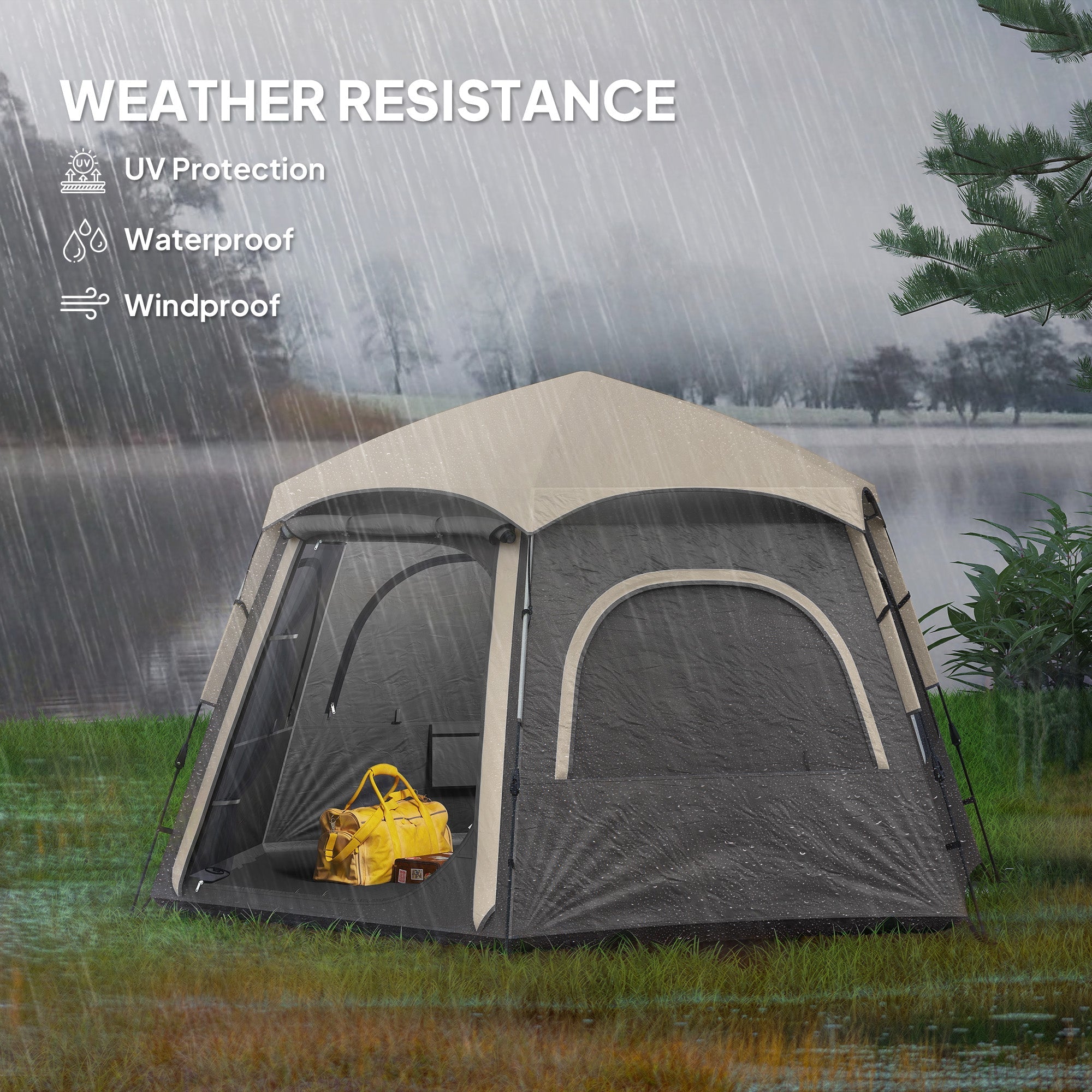 Outsunny Instant Camping Tent, 2/3/4 Person Easy Setup Family Tent with Vestibule, Rainfly, 4 Mesh Windows & 2 Doors, Hexagonal Design, Waterproof UV Protected Dome Tent, Dark Grey