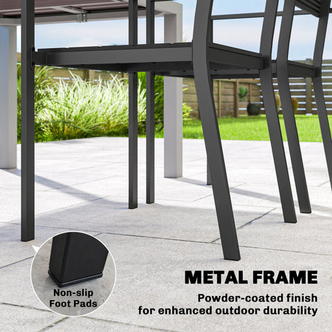 Outsunny Stackable Garden Chairs Set of 4, Garden Dining Chairs with Slatted HDPE Seat Back, Armrests, Metal Frame, Black
