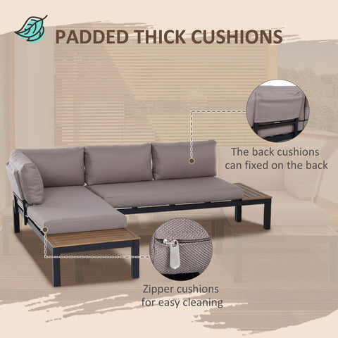 Outsunny 3 Pieces Garden Furniture Set, Aluminium 4 Seater Corner Sofa Set with 2 Loveseats, Coffee Table and Side Trays, Outdoor Conversation Furniture with Cushions for Garden, Black