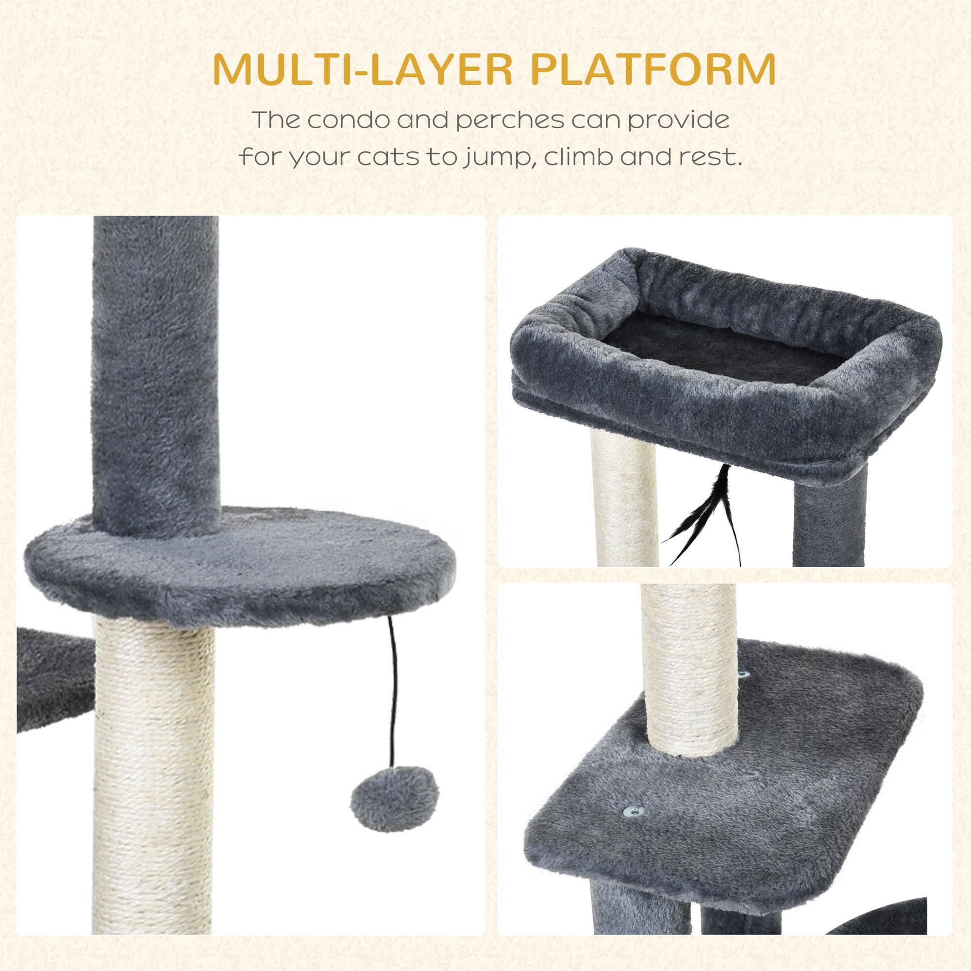 PawHut 100cm Cat Tree for Indoor Cats, Cat Tower Condo for Kittens with Cat House Sisal Scratching Posts, Hanging Ball Toys, Perches - Grey