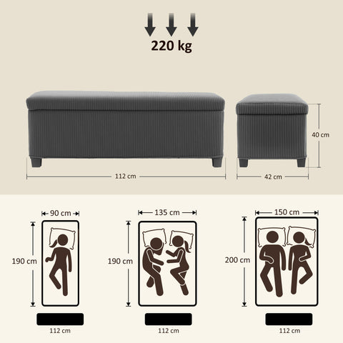 HOMCOM Storage Ottoman Bench, Corduroy Footstool with Removable Lid and Legs, 112cm Storage Chest Box for Living Room, Bedroom, Hallway, Grey