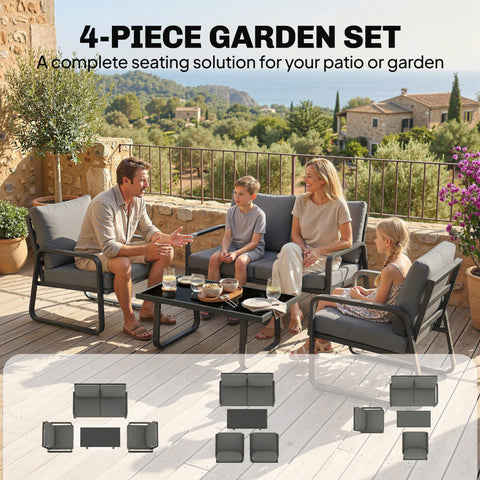 Outsunny 4 Piece Garden Furniture Set, Outdoor Sofa Set with Loveseat, 2 Armchairs, Coffee Table and Cushions