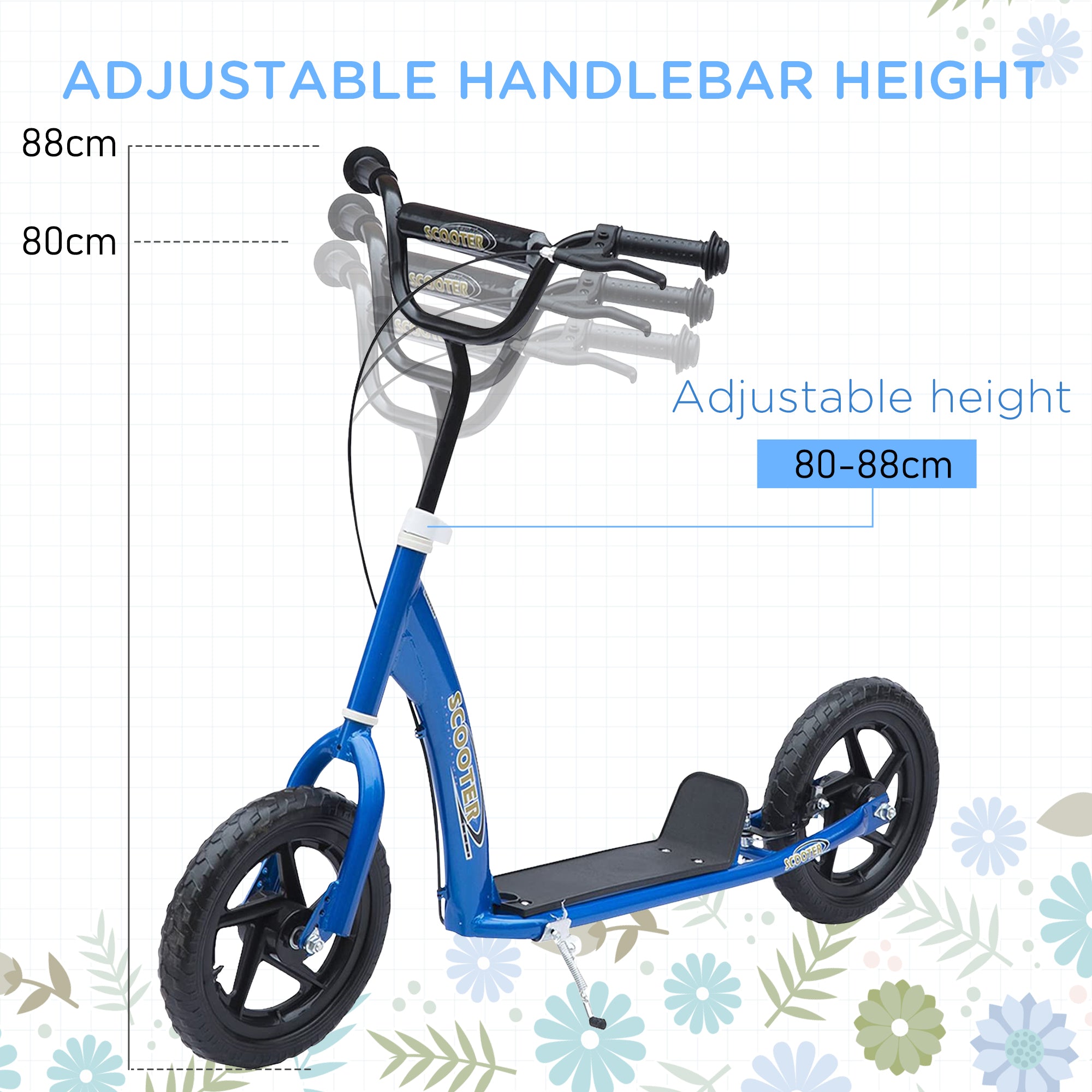HOMCOM Kids Scooter Kick Scooter with 12" EVA Tyres, Rear Brake, Big Wheels Scooter for 5-12 Years Old, Blue