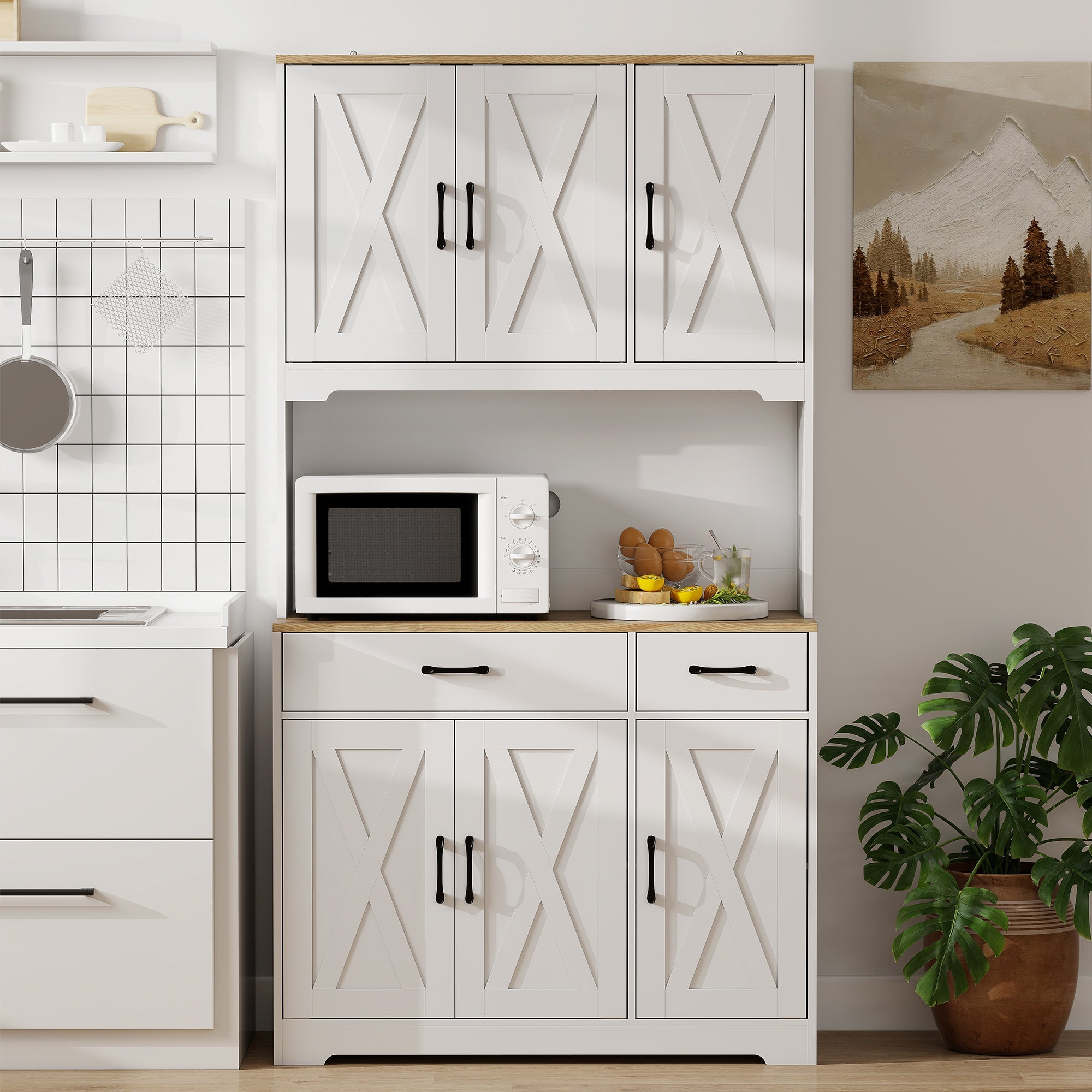 HOMCOM 175 cm Tall Kitchen Pantry Cabinet with Microwave Stand, Freestanding Pantry Cupboard, White