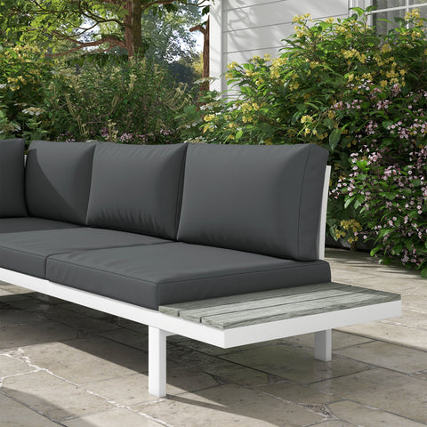 Outsunny 4 Pieces Patio Garden Set with 5-Level Recline Corner Sofa, Outdoor Garden Lounge Sectional Conversation Sofa Set with Cushions, Wood Grain Plastic Table, White  Frame Grey Cushion