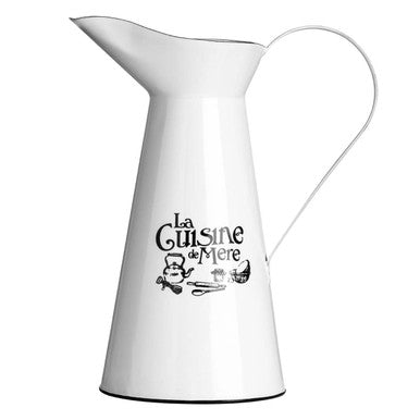 White enamel mere pitcher with curved handle spout and black la cuisine de mere text with kitchen utensil illustrations