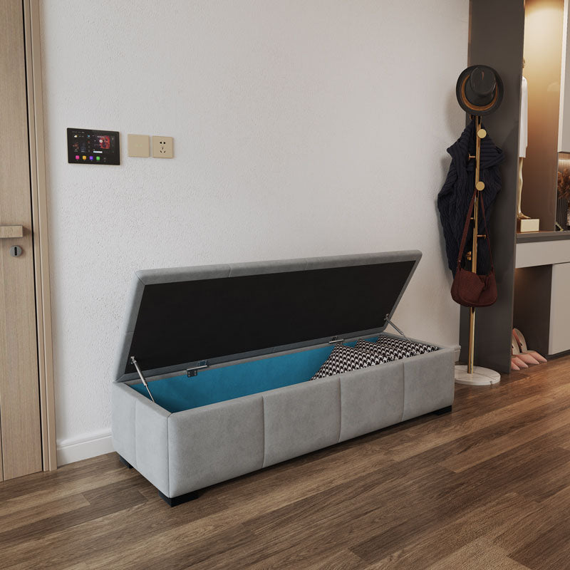 Gray velvet la23 bench storage with black lid and blue interior lining perfect for stylish bench storage