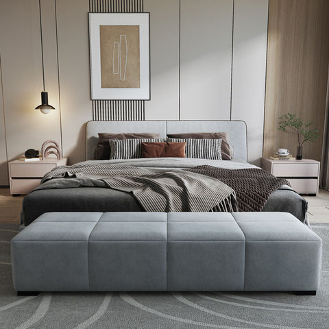Gray velvet la23 bench storage with segmented square panels and low-profile black legs for stylish seating
