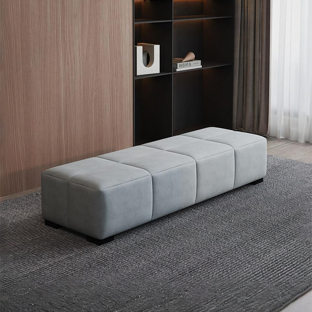 Light gray velvet la23 bench storage with segmented square cushions and dark wooden legs for stylish seating