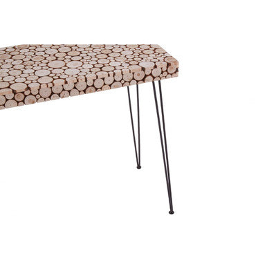 Lacuna console table with circular stone pattern top in earthy tones and sleek black hairpin legs