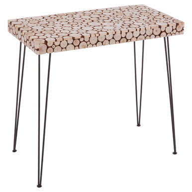 Lacuna console table with light brown circular wood slice top and black metal hairpin legs for a stylish console look