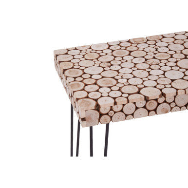 A lacuna console table with a rustic wooden surface made of circular wood slices and sleek black metal legs