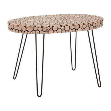 Lacuna fir wood oval coffee table with beige and black mosaic stone top and black metal hairpin legs