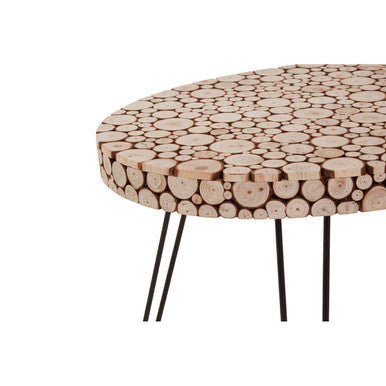 Lacuna fir wood oval coffee table with stacked wooden disc top in natural light brown and sleek black metal legs