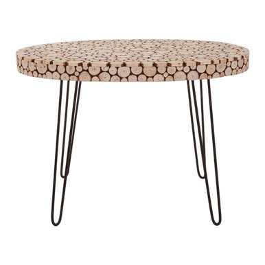 Lacuna fir wood oval coffee table with a mosaic top of pink and beige tiles and black hairpin legs