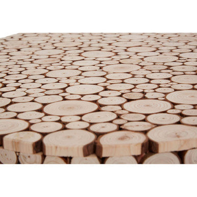 Rustic lacuna fir wood oval coffee table with a dense pattern of circular fir wood slices on the tabletop