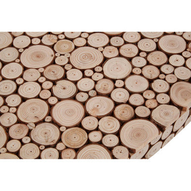 A lacuna fir wood oval coffee table with a rustic wooden tabletop featuring a mosaic of circular fir wood slices