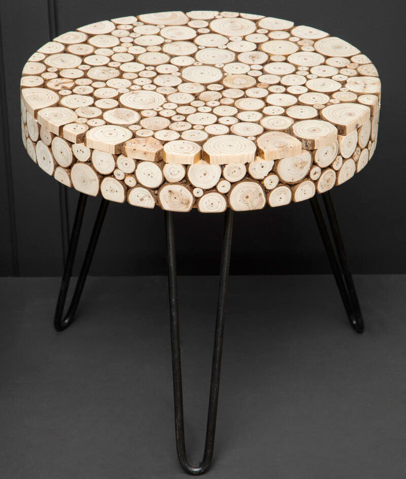 Lacuna fir wood round side table with light natural wood slice top and black hairpin legs