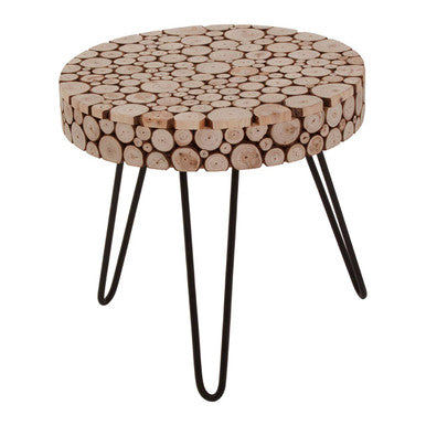 Circular lacuna fir wood round side table with stacked light brown wooden slice top and black hairpin legs