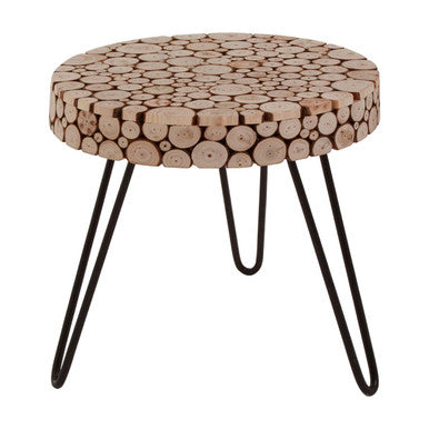 Lacuna fir wood round side table with stacked light brown wooden slice top and black hairpin legs stool design