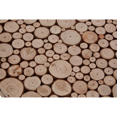A lacuna fir wood round side table featuring a rustic wooden wall panel of circular fir wood round slices in light brown