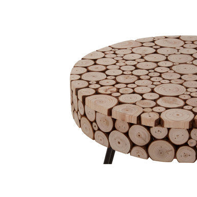 Lacuna fir wood round side table with rustic stacked log design in natural light brown fir wood round finish
