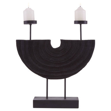 Lacuna two candle holder black semi circular candle holder with textured rings and two arms holding white candles