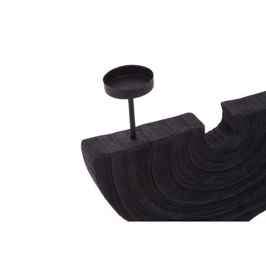 Black wooden two candle holder with smooth curved surface and circular metal base for stylish decor