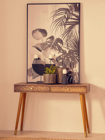 Wooden lacuna two candle holder console table with two drawers tapered legs and textured surface wood finish