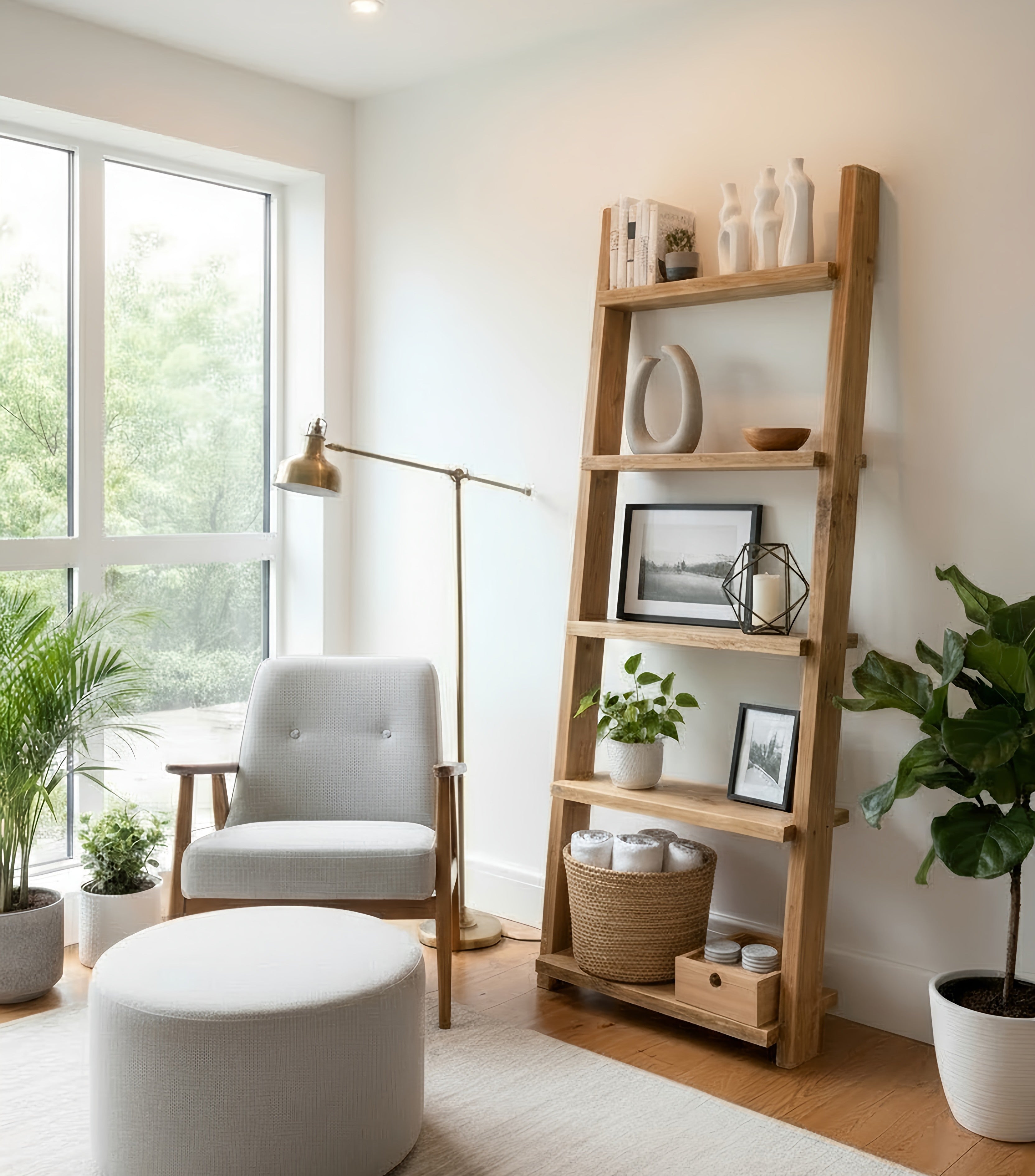 Light wood ladder shelf with natural finish solid wood and open shelves holding plants and decor in rustic design