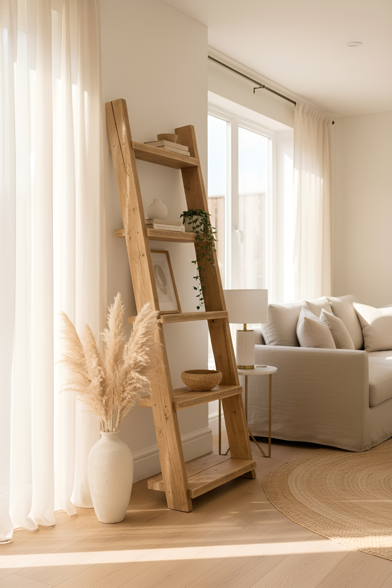 A rustic ladder solid wood bookshelf with a natural finish featuring slanted shelves for decor and greenery