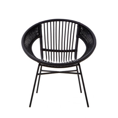 Lagom black natural rattan and iron black chair with circular woven back and seat on slender metal legs