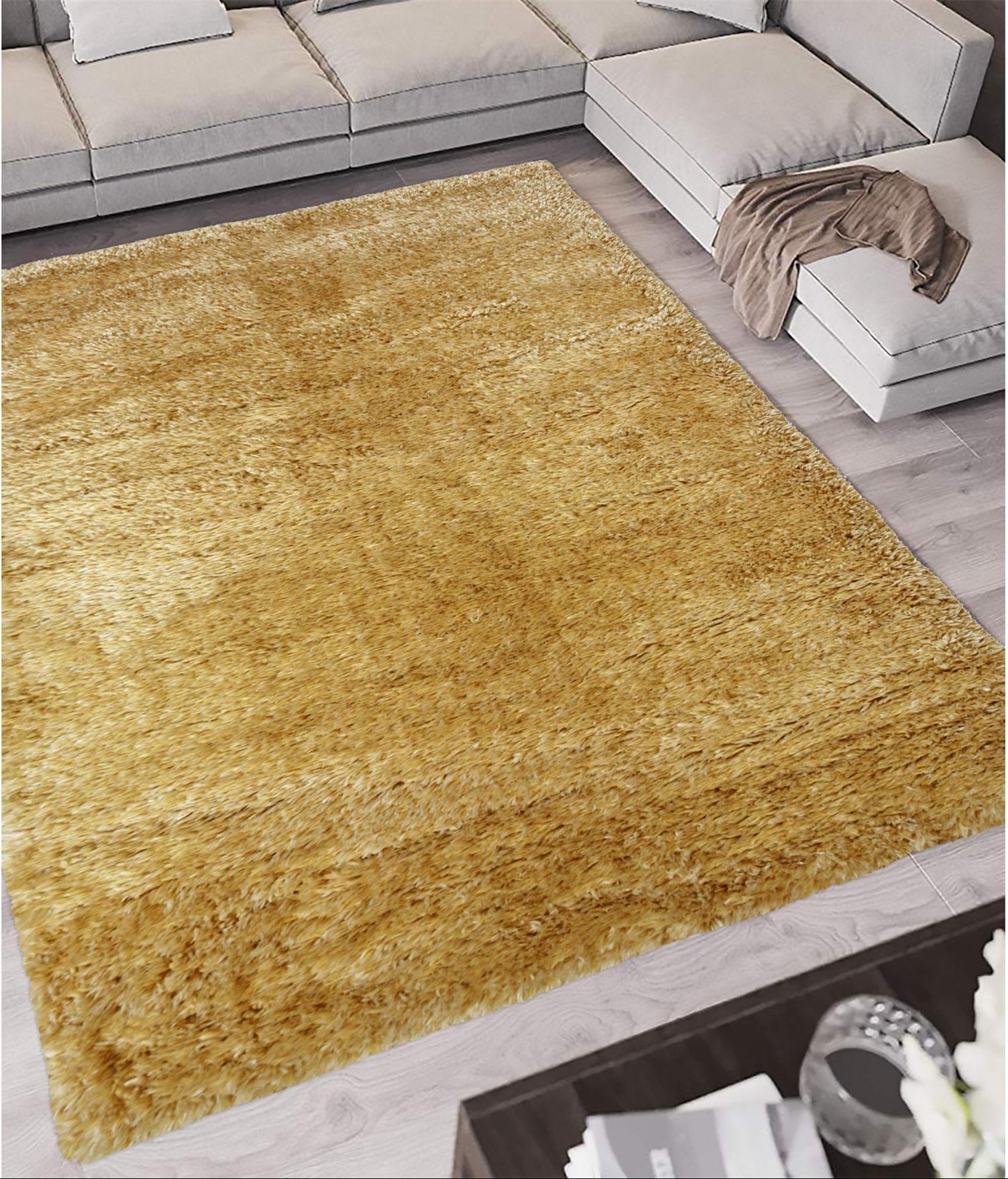 Golden plush textured shaggy rug in lagom ochre shaggy style perfect for cozy home spaces